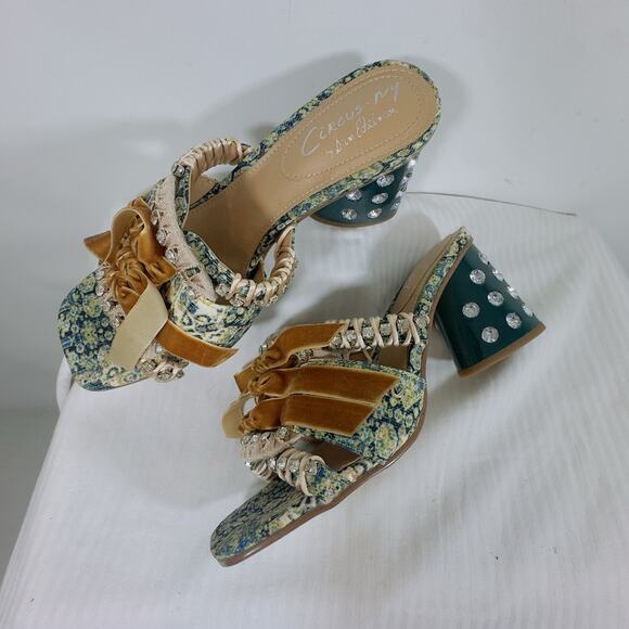 Circus NY Vera Mule Fabric Teal Rhinestone Velvet Bow Heel Sz 9 Boho Maximalist - Picture 6 of 10